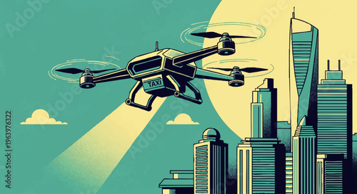 Futuristic autonomous drone taxi providing next-generation urban mobility, depicted against a sleek, modern city skyline, symbolizing advanced transportation innovation