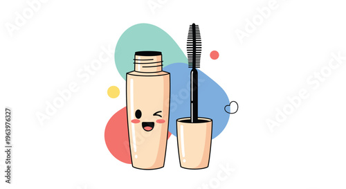 Winking mascara bottle character with an open brush, set against a background of abstract colorful blobs and shapes.