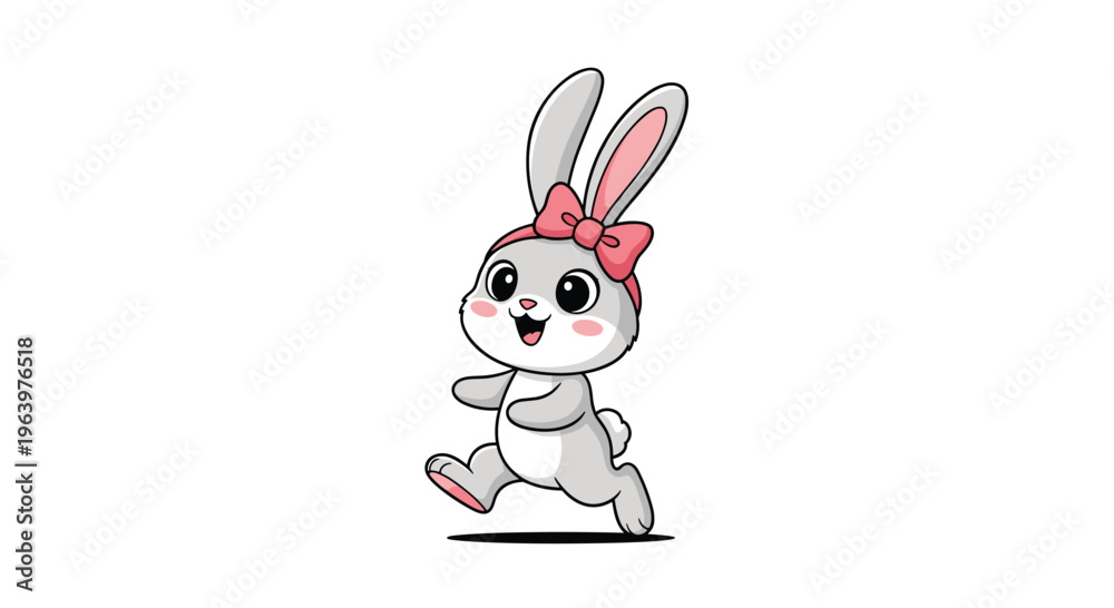 Obraz premium Adorable grey bunny rabbit character with a pink hair bow running happily in a cute cartoon style illustration.