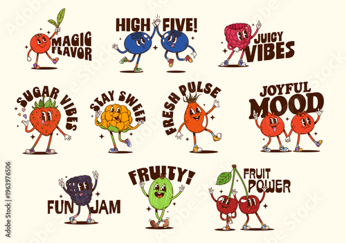 Ripe funky y2k groovy hippie berry fruits characters stickers. Vector slogans Magic flavor, high five, juicy vibes and sugar vibes. Stay sweet, fresh pulse, joyful mood, fun jam, fruity or fruit power