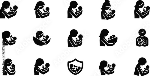 Collection of Mother and Baby Silhouette Icons Representing Care and Nurturing child