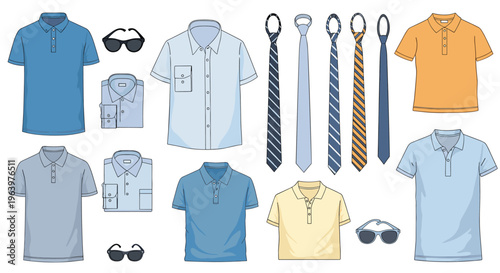 Comprehensive collection of mens fashion items including polo shirts button downs neckties and stylish sunglasses.