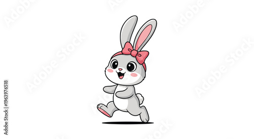 Adorable grey bunny rabbit character with a pink hair bow running happily in a cute cartoon style illustration.