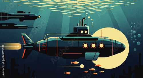 A vibrant, retro-futuristic submarine navigates the mysterious deep ocean, embarking on an adventurous exploration of unseen aquatic wonders