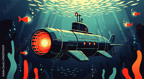 Vibrant illustration of a retro-futuristic submarine exploring the deep ocean, illuminated by its bright red headlight amidst playful fish and colorful coral in a serene underwater scene