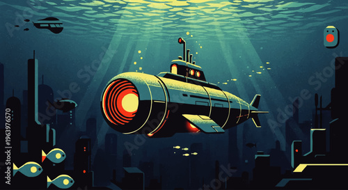 Futuristic Submarine Navigating a Mysterious Underwater Metropolis Beneath Beaming Sunlight