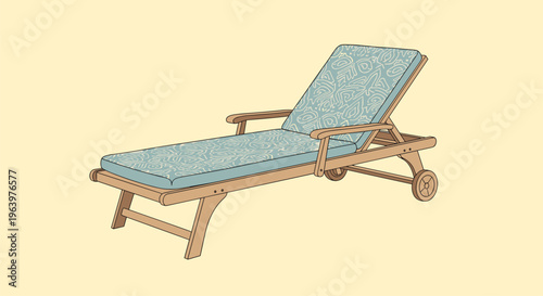 Comfortable wooden garden lounge chair with a patterned blue cushion and wheels for relaxing in outdoor settings.