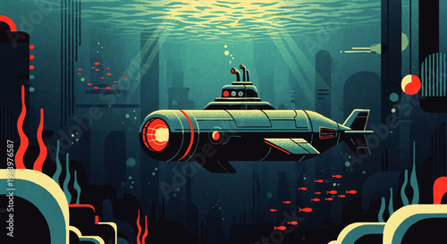 A sleek, futuristic submarine explores a vibrant, mysterious underwater cityscape, illuminated by glowing marine life, representing deep-sea exploration and aquatic discovery