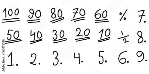 Handwritten style numbers and mathematical symbols set featuring percentages fractions and sequential counting figures for educational or design use