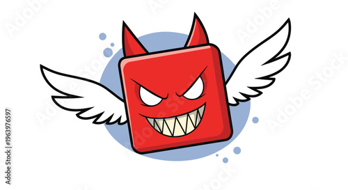 Angry red square devil character with horns and white angel wings flying against a blue circle background vector.