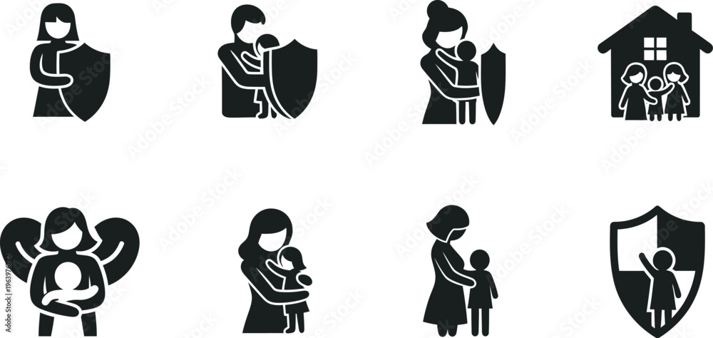 Obraz premium Icon Set Illustrating Family Protection and Security with Shields and Homes vector
