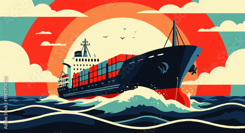 Cargo Ship Sailing on the Ocean Under a Stylized Sunset with Waves and Birds