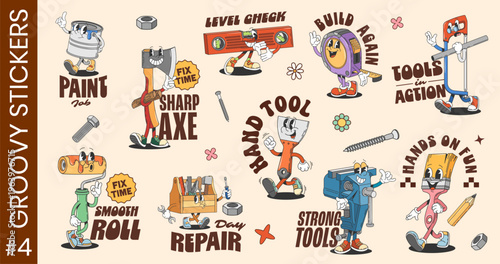 Y2k groovy repair and construction tools funky stickers and labels. Cartoon vector retro characters. Paint roller, axe, hammer and saw. Screwdriver, toolbox, level and measure tape and clamp or brush