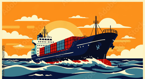 A large cargo ship sails across the wavy ocean under a bright sun and orange sky