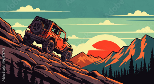 Orange off-road vehicle ascending a rugged mountain trail at sunset. Stylized illustration capturing adventure, exploration, and nature's majestic landscape
