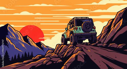 Dynamic illustration of an off-road vehicle navigating a rugged mountain path against a dramatic sunset sky, embodying the spirit of wilderness adventure and exploration