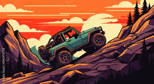 Turquoise off-road vehicle skillfully navigating a steep, rocky mountain terrain during a vibrant sunset