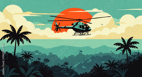 Helicopter flying over a lush tropical jungle with palm trees and a vibrant sunset sky