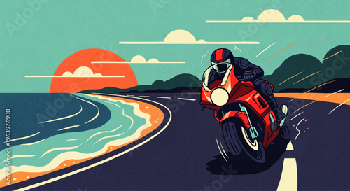 Dynamic illustration of a motorcyclist carving a turn on a scenic coastal highway at sunset, embodying speed and the thrill of the open road