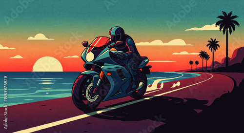 A thrilling motorcycle ride along a scenic coastal highway at sunset, embodying freedom and the spirit of adventure