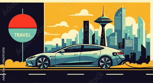 Sustainable urban travel with an electric vehicle charging in a modern city skyline background