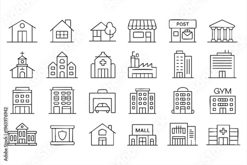 City Building Icon Set with Architecture and Real Estate Line Symbols