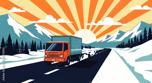 Orange truck driving on a snowy road through mountains during a vibrant sunrise, concept of logistics and transportation
