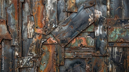 Close-up of rugged industrial metal surface with overlapping plates, seams, bolts, and weld marks, showing oxidation, rust, and steel-blue tones, highlighting aged texture, geometry, and mechanical du