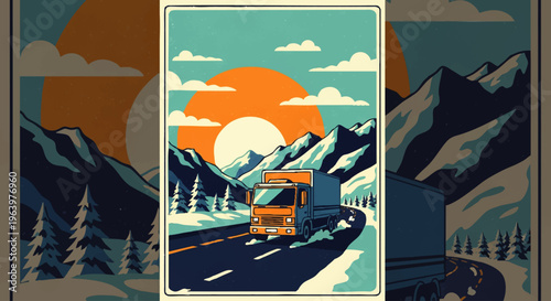Winter Journey A Trucker's Scenic Drive Through Snow-Capped Mountains Under a Radiant Sunset