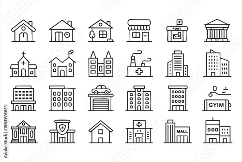 Real Estate and Architecture Icon Pack with Residential and Commercial Buildings