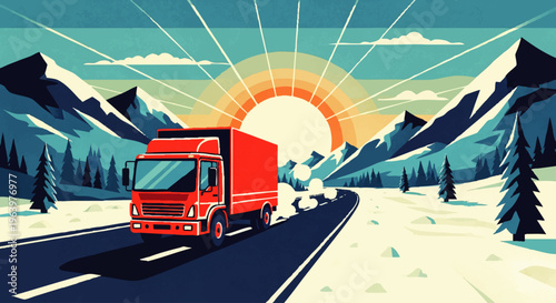 Red truck driving on a snowy mountain road at sunrise, illustration