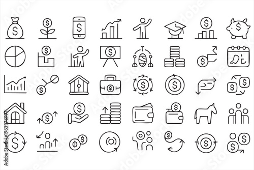 Finance and Investment Icon Set with Banking, Money, and Economic Symbols
