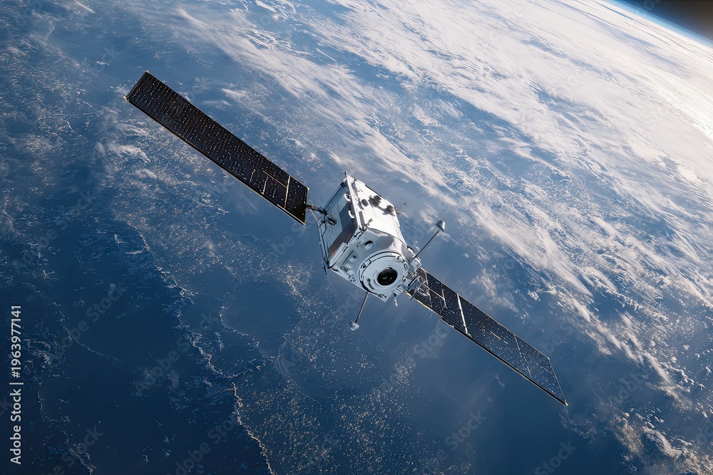 Fototapeta premium Advanced satellite with solar panels in low Earth orbit above the planet's surface, showcasing technological advancement and global observation capabilities.