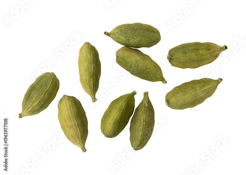 Close-up of fresh green cardamom pods isolated on transparent background