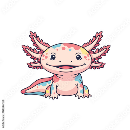 Colorful cartoon axolotl with smiling face.