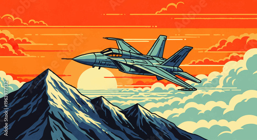 Fighter jet soaring through a dramatic sunset sky above snow-capped mountains and clouds
