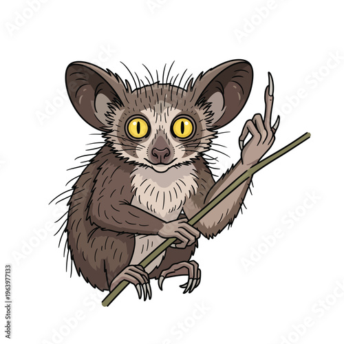 A cartoon illustration of a lemur with a stick.