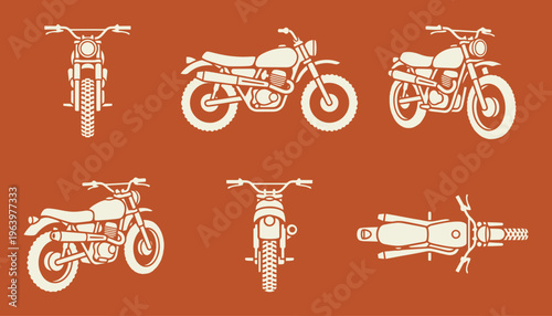 Vintage motorcycle collection with various views in retro style