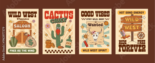 Funky Wild West groovy hippie cowboy western characters posters. Psychedelic vector festival posters featuring saloon door, money sack, cactus, wanted poster, road sign, and cowboy boot