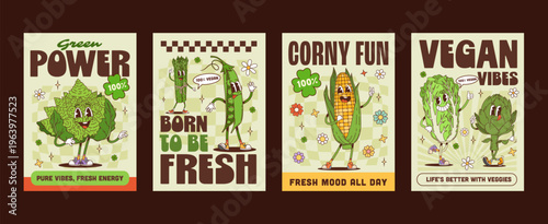 Funky groovy hippie green vegetables characters posters. Vibrant green peas, corn, Chinese, Romanesco cabbage, kale and artichoke with playful expressions. Retro vector posters of kitchen decor