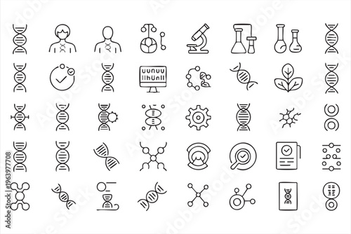 Molecular Biology Line Icons with DNA, Gene, and Research Elements