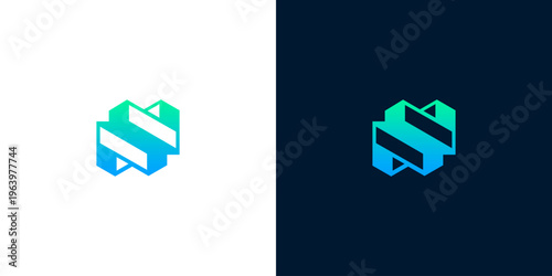 Sleek and dynamic abstract symbol combining interconnected geometric shapes with a fluid blue and green color gradient, perfect for contemporary brand identity and innovative business solutions