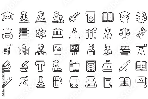 Education Line Icons Featuring Books, Students, and Academic Tools