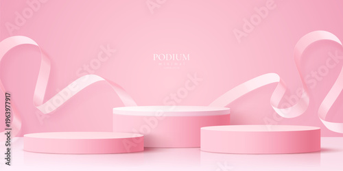 Cosmetic product pink ribbons and podium stand pedestals vector background. 3d studio round platform, show room podium or showcase stand with ribbon swirls. Pastel pink product display stage backdrop