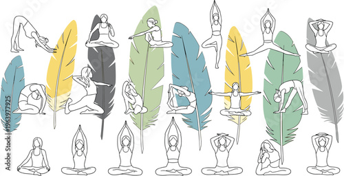 Collection of people in yoga poses with colorful feathers in background, representing yoga and wellness.
