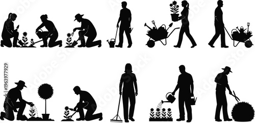 Gardeners working in garden with tools and plants silhouette illustrations set.