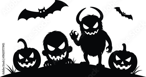 Halloween monsters and bats silhouette illustration.