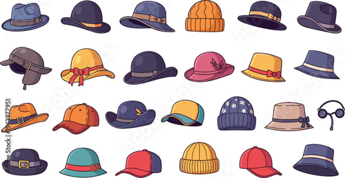 Collection of stylish hats and caps for women and men illustration.