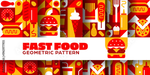 Fast food seamless patterns set with red and yellow geometric ornament. Vector tile background for cafe, restaurant, menu with burger, hotdog, pizza, donut and ice cream, cupcake, sausage and ketchup