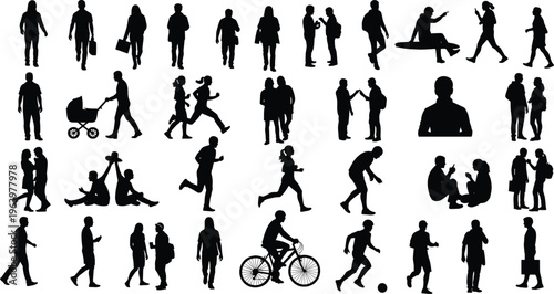 Collection of diverse people silhouettes engaged in various activities including running walking and carrying objects.